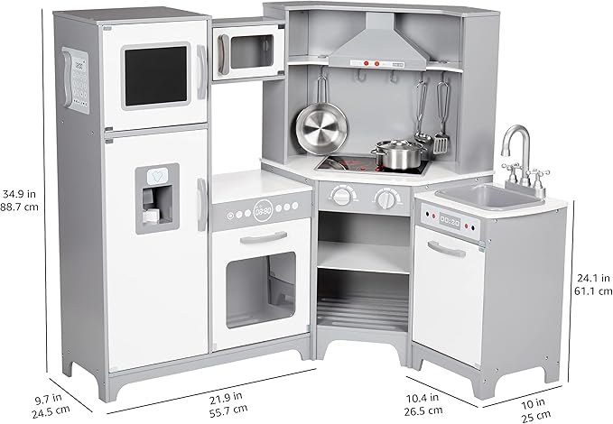 Amazon Basics Kids Corner Wooden Kitchen Toy Playset with Stove, Oven, Sink, Fridge and Accessories, for Toddlers, Preschoolers, Children Age 3+ Years, White & Gray, 39.37"L x 28.35"W x 35.04"H
