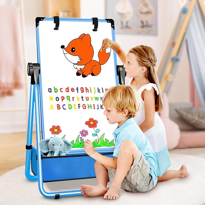Kids Easel Double-Sided Art Easel with Paper Clip Height Adjustable Whiteboard & Chalkboard 360°Rotating Standing Art Easel for Kids Gift for Boys and Girls Toys for Ages 2-4