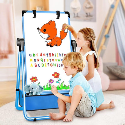 Kids Easel Double-Sided Art Easel with Paper Clip Height Adjustable Whiteboard & Chalkboard 360°Rotating Standing Art Easel for Kids Gift for Boys and Girls Toys for Ages 2-4