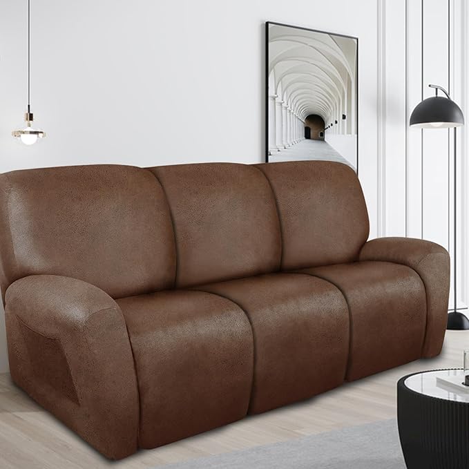 Recliner Couch Cover Leather Look Recliner Sofa Covers for 3 Cushion Reclining Sofa Slipcovers 8-Pieces Furniture Protector Spandex Fabric Washable (3 Seater, 01 Brown)