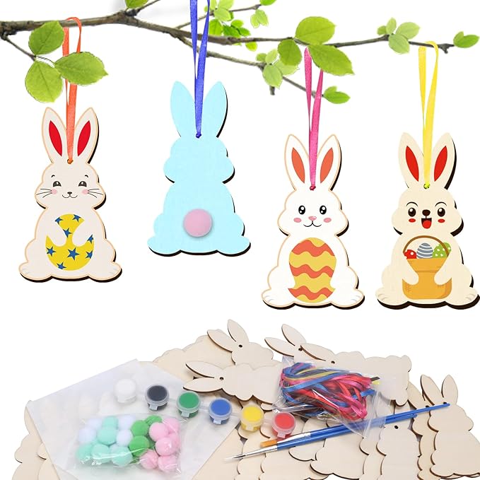 24 Pack Wooden Easter Bunny Craft for Kids Make You Own Easter Rabbit Hanging Ornaments DIY Easter Art and Craft for Girls Boys Art Project Easter Gifts Easter Decoration