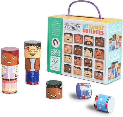 32-Piece Multiracial Magnetic Family Play Set – Wooden Diversity Building Blocks for Kids – SEL Toy Promoting Inclusion & Creative Learning