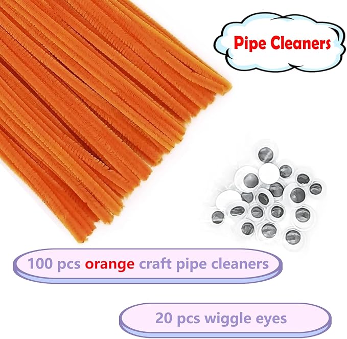 Cldamecy 100 pcs Orange Pipe Cleaners with 20 pcs Googly Eyes,Chenille Stems for Craft Project,Craft Pipe Cleaners for DIY Projects,Arts and Holiday Decoration
