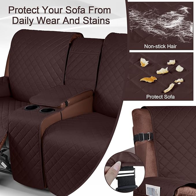 KinCam 100% Waterproof Recliner Loveseat Cover with Console, Non-Slip Reclining Couch Covers for 2 Seat, Recliner Sofa Cover Furniture Protector with Elastic Straps for Kids, Pets, Coffee