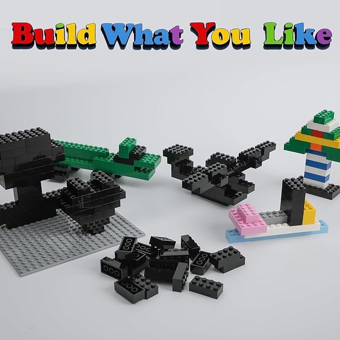HUIZDQ 500 Piece Classic Building Bricks and 1 Gray Baseplate, 2x4 Bricks Bulk Creative Building Toys, Blocks Bulk for Kids Ages 6+, Black(Small Bricks, 1.25x0.62x0.47 in)