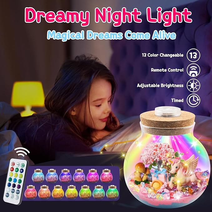 Hollyhi Light Up Terrarium Kit for Kids, DIY Unicorn Toys for 3 4 5 6 7 8 9 10 11 12 Year Old Girls Boys, Night Light Unicorn Terrarium Kit Arts and Crafts for Girls, Kids Christmas Birthday Gifts