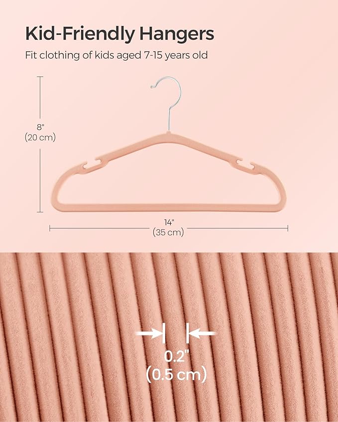 SONGMICS Kids Hangers 50 Pack, 14 x 8 Inches, Baby Hangers for Closet, Non-Slip Velvet Hangers, Childrens Hangers, Space-Saving Clothes Hangers, Wide Shoulder Notches, Coral Pink UCRF038R01