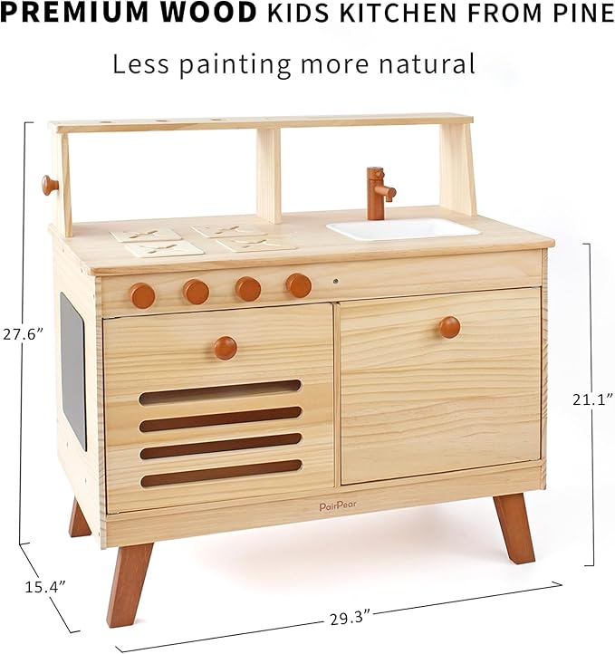 PairPear Kids Kitchen Playset,Wooden Toys Kitchen with Pretend Play Food Dishes and Sink,Toddler Play Kitchen Accessories Gift for Girls Boys Age 3+