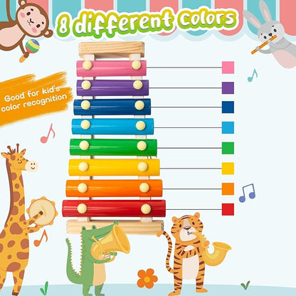 LovesTown Wooden Xylophone Musical Toy, 8 Rainbow Keys, 2 Mallets, Educational Instrument for Toddlers