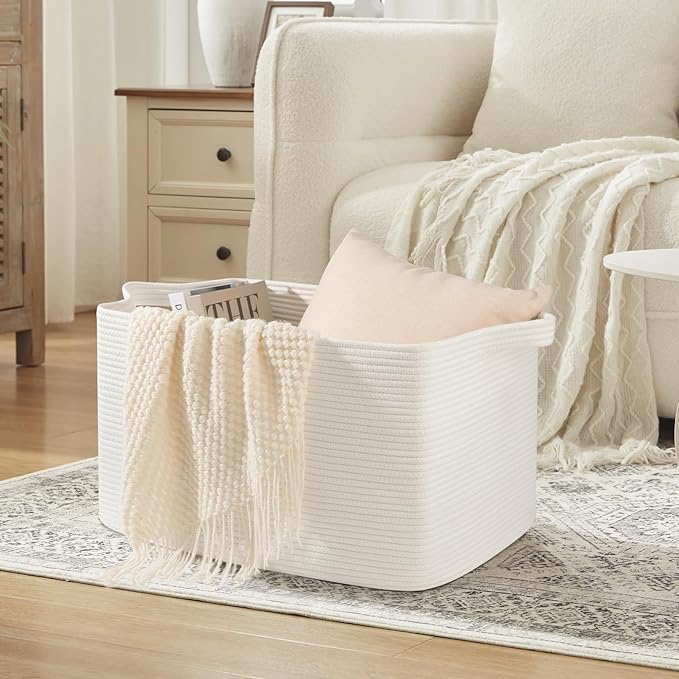 OIASKET 95L Extra Large Blanket Basket, 24" x 16.9" x 14.2" Woven Storage Basket for Living Room, Rectangle Nursery Blanket Storage for Toys, Towels, Dirty Clothes (White)