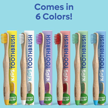 Kids Bamboo Toothbrushes (6 Pack) - Extra Soft Bristles For Toddlers Teeth | Zero Waste Biodegradable Tooth Brushes For Children | Natural Wooden Child Size Handle | BPA Free, Eco-Friendly Compostable