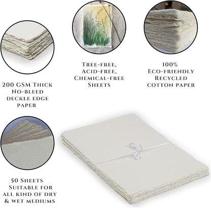 LEATHER VILLAGE Watercolor Paper - 7 X 5 inches, 50 Sheets - Mixed Media Watercolor Paper - 150 GSM Thick Deckle Edge Virgin Cotton Handmade Paper - Off White