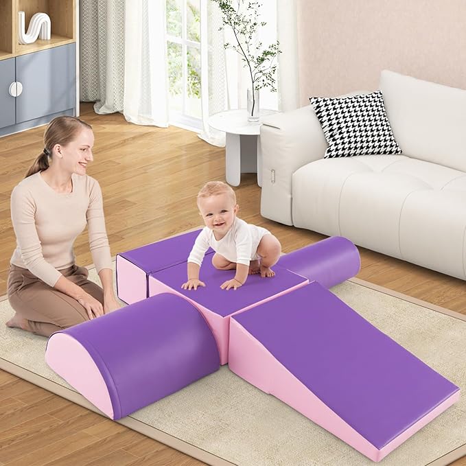 HONEY JOY 5-Piece Climb and Crawl Playset, Soft Climbing Foam Block Activity Play Structure Gym Equipment for Infant Baby, Color Coordination, Waterproof Indoor Climbing Toys for Toddlers (Purple)