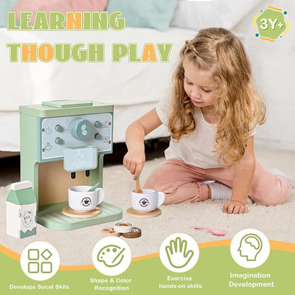Kids Wooden Coffee Maker Toy Montessori Pretend Play Food Kitchen Accessories,Play Coffee Maker Set for Kids,Espresso Machine Playset Montessori Kitchen Toy for 3 4 5 Year Old Girls&Boys(14 Pcs)