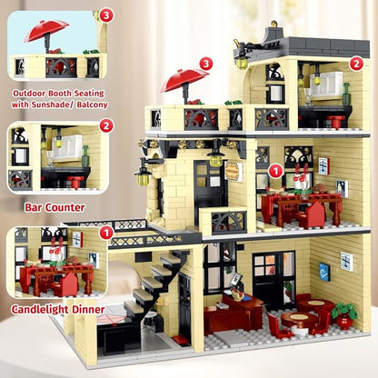 City Restaurant Architecture Building Kit with LED Lights, 3 Levels Restaurant Building Blocks 1489 Pcs City Street View Building Toys Modular House Building Blocks Set for Adult Teen Kids 14+