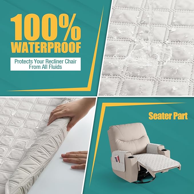 Ruaozz Waterproof Recliner Chair Covers Non Slip Chair Covers Recliner Seat Cover with Arms Washable Recliner Covers for Reclining Chair with Pocket, Covers for Recliner Chair (Beige, Small-22'')