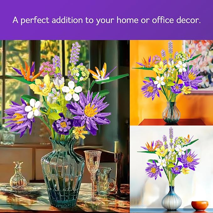BIGEARN Flower Building Toy Set for Adults, 891 PCS Bouquet Building Set with 13 Unique Stems for Home Decor, Ideal Gift for Any Occasion