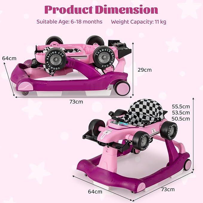 GLACER Foldable Baby Walker, 4-in-1 Infant Walker with Adjustable Height & Speed, Music, Light, Steering Wheel & Washable Cushion, Baby Walker Activity Center for Boys Girls 6 –18 Months (Purple)