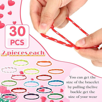 Yinkin 30 Pcs Valentine Friendship Bracelets with Card Set Valentines Knot Bracelets Bulk for Students from Teacher Valentine Bracelets Cards for Classroom Exchange Kids Valentines Day Party Favors