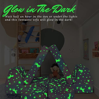 MeMoreCool Modular Glow Sofa for Kids, 8-Piece Convertible Foam Couch Play Set with Unicorn, Rainbow, and Star Pattern for Toddlers and Playroom