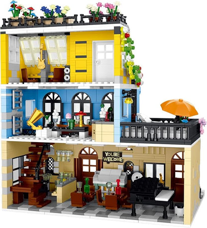 City Hotel Architecture Building Kit with Lights,3 Levels Garden Hotel Model Building Blocks Toy,for 12+Age Teen,Adult（1464 Pieces）