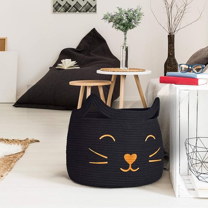 Large Woven Cotton Rope Storage Basket, Baby Laundry Basket Organizer for Toys, Blanket, Clothes, Towels, Gifts | Pet Gift Baskets for Cat, Dog - 15.7" L×11.8" H, Black