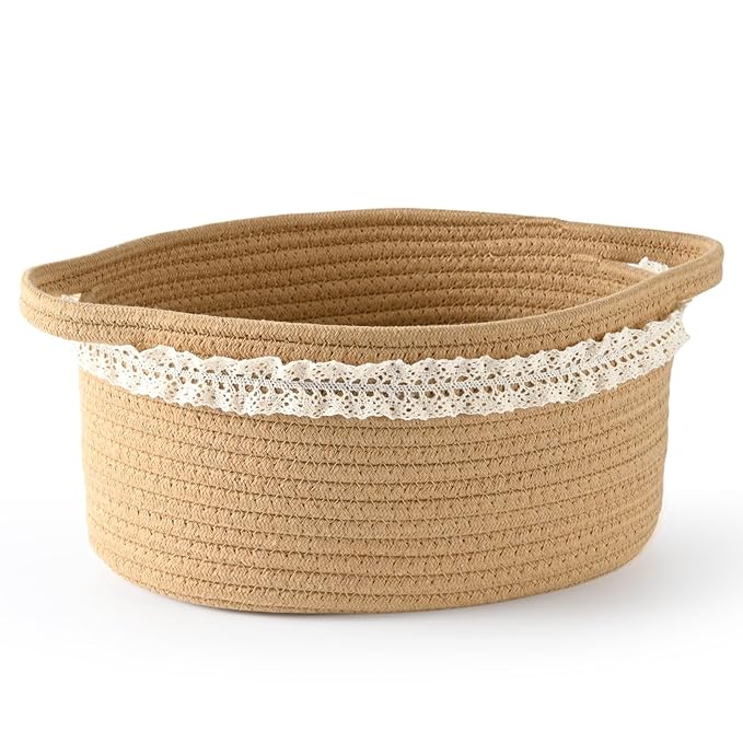 Happyiren Brown Woven Cotton Rope Storage Basket with Lace Trim, Collapsible Toy Organizer, 13" D x 8" W x 6" H, Decorative Basket for Nursery