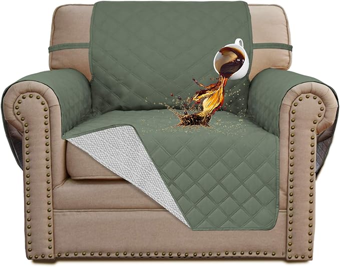 Easy-Going Sofa Slipcover Chair Cover Waterproof Couch Cover Washable Sofa Cover Non-Slip Fabric Furniture Protector with Pocket for Pets Covers Pets Kids Children Dog Cat (Chair, Greyish Green)