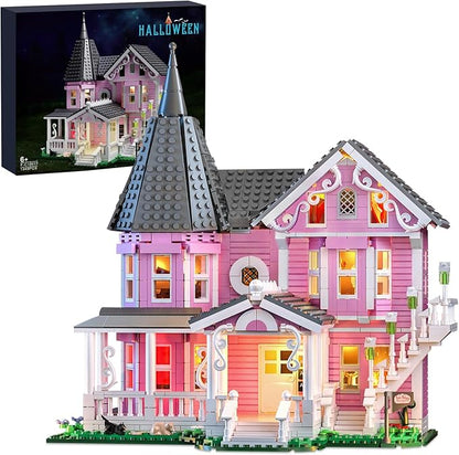 Pink Palace House Building Set with Lights, 1349PCS Halloween Haunted House Blocks Compatible with Lego, Christmas Birthday Gifts for Kids Adults Aged 8+