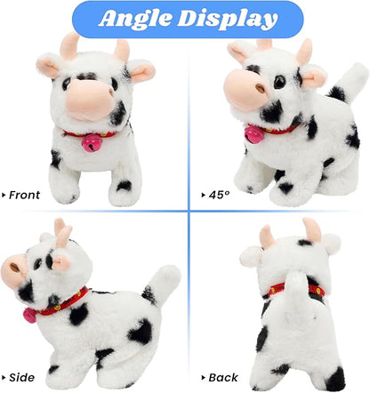 Hopearl Walking Cow Interactive Electronic Pet Plush Diary Cattle Toy with Sounds and Movements MOO Nodding Head Wag Tail Animated Gift for Toddlers Birthday, Black, 7''