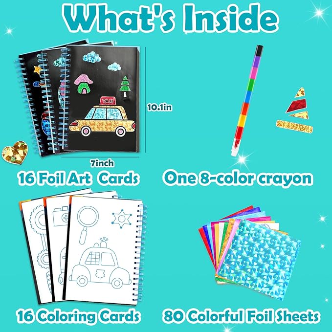 Foil Art Craft Activity for Kids: Fun DIY Toy Sticker Kit, No Mess Creative Travel Supply Set, Idea Birthday Easter Basket Stuffers Valentines Gift for Girl Boy Toddler 4 5 6 7 8 9 Year Old（Vehicle）