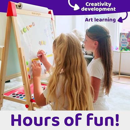 Blue Squid Art Easel for Kids - Dual-Sided Adjustable Wooden Painting Easels, Ideal Christmas Gift for Toddlers and Kid - with Magnetic Chalk Board, White Board & Paper Roll, Includes Accessories