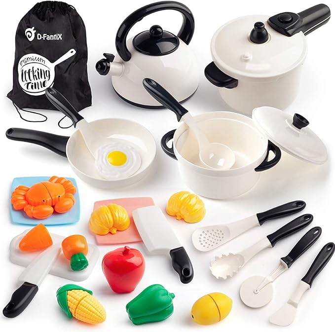 D-FantiX Kids Pretend Play Kitchen Accessories Set, Toddlers Pots and Pans Cookware Playset, Kids Cooking Toys with Utensils, Knife, Cutting Food Kitchen Playset for Girls and Boys Age 2 3 4 5 6 7
