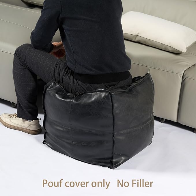 Louis Donné 17.7" Black Square Unstuffed Pouf Ottoman Cover Footstool Handmade Faux Leather Pouffe for Reading Storage Toy Square Ottoman for Living Room Balcony Office Outdoor Floor Chair Only Cover