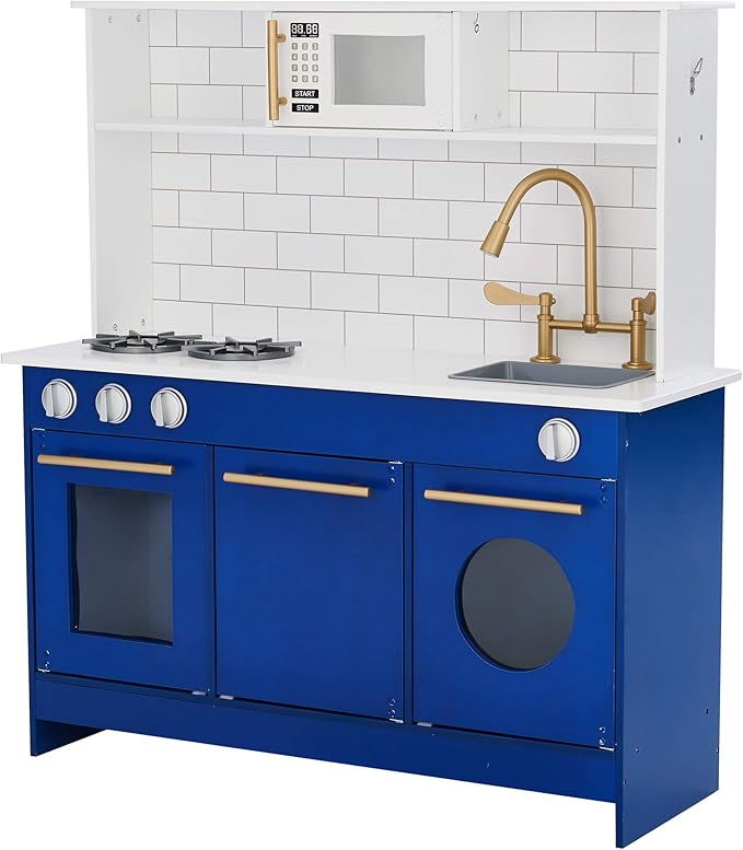 Teamson Kids Little Chef Berlin Kids Play Kitchen with 6 Kitchen Accessories, Wooden Play Kitchen Set for Toddlers with Subway Tile Backsplash, Gold Hardware, & Storage Shelves, Blue/White