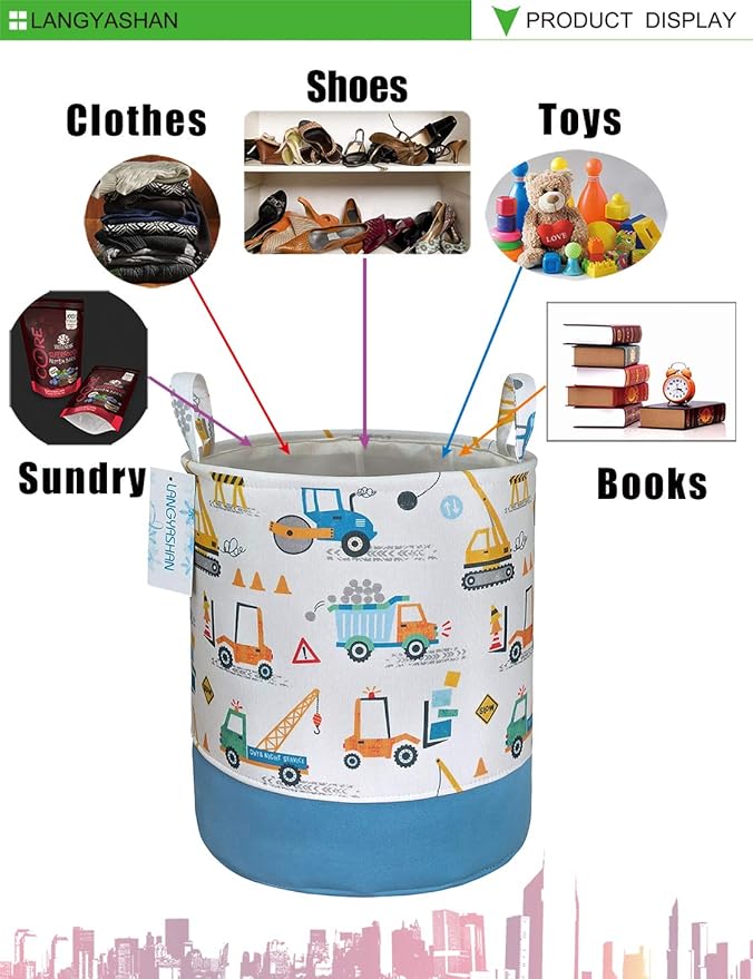 LANGYASHAN Laundry Basket Cotton Collapsible Organizer Storage Basket for Boys girls Laundry Hamper Toy Bins Gift Baskets Bedroom Clothes Children Nursery(Engineering Car)