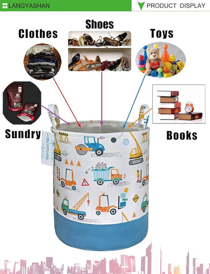 LANGYASHAN Laundry Basket Cotton Collapsible Organizer Storage Basket for Boys girls Laundry Hamper Toy Bins Gift Baskets Bedroom Clothes Children Nursery(Engineering Car)