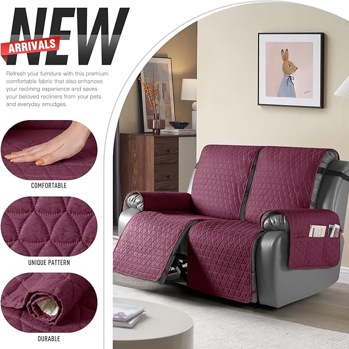 TAOCOCO 100% Waterproof Loveseat Recliner Cover-Recliner Cover with Non-Slip Granule, Recliner Chair Covers with Elastic Band,Washable Recliner Chair/Furniture Protector for Pets(Wine, 2 Seater)