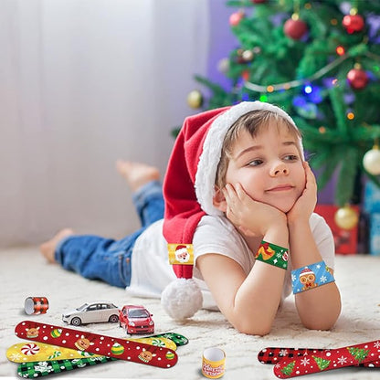FOIMAS 48pcs Christmas Slap Bracelets,Xmas Santa Reindeer Snap Bracelet Wristband for Kids Christmas Stocking Stuffer Bag Filler Party Favor Supply