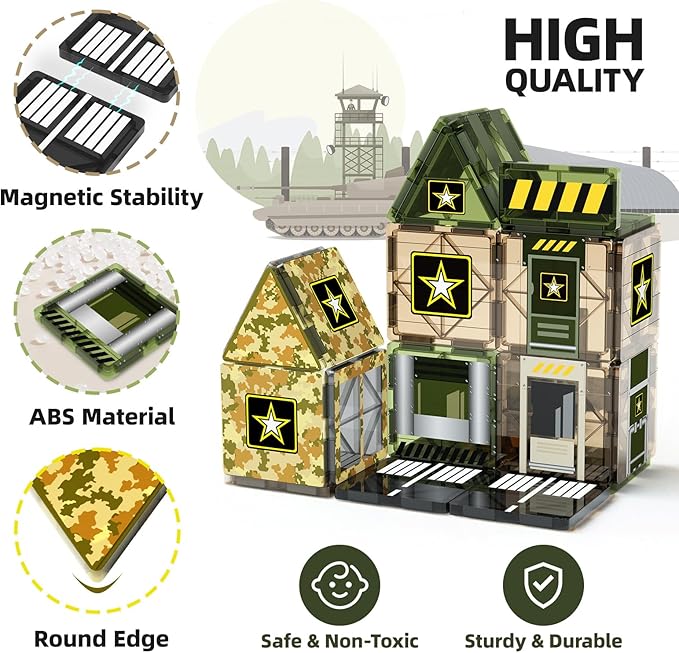 GobiDex Magnetic Tiles Army Toys, Military Magnet Tiles Building Blocks for Toddlers STEM Construction Preschool Toys for Kids Ages 3-5 4-8, 3+ Years Old Boys Girls Birthday Gifts Toys Army Men Games