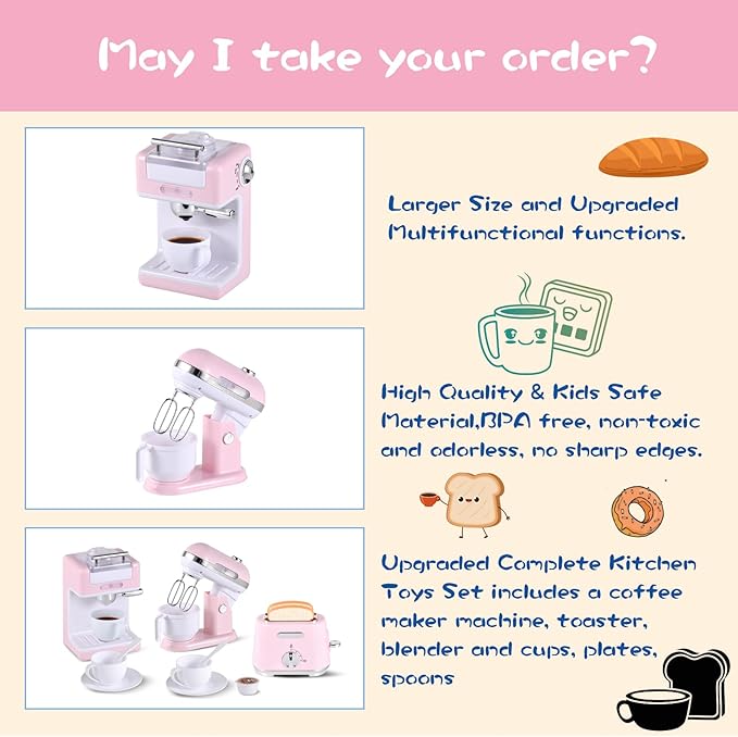 Kitchen Appliances Toys, Play Kitchen Accessories, Toy Kitchen Appliances for Kids, Pretend Kitchen Toys with Coffee Maker, Mixer and Toaster, Toy Kitchen Set Birthday Gift for Kids Ages 3+ (Pink)