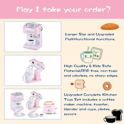 Kitchen Appliances Toys, Play Kitchen Accessories, Toy Kitchen Appliances for Kids, Pretend Kitchen Toys with Coffee Maker, Mixer and Toaster, Toy Kitchen Set Birthday Gift for Kids Ages 3+ (Pink)