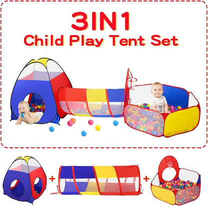GeerWest 3 in 1 Kids Play Tent for Toddler with Baby Ball Pit and Play Tunnel, Children Indoor Outdoor Playhouse with Climbing Tunnel Toy for Toddlers, Boys and Girls Best Birthday Gifts（No Balls）