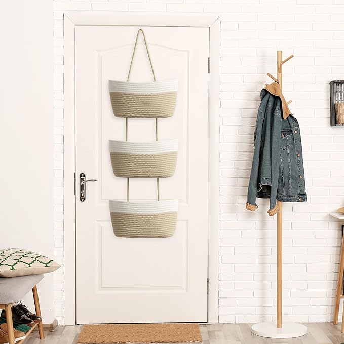 TeoKJ Over the Door Hanging Basket, 3-Tier Woven Cotton Wall-Mounted Storage Organizer Bag Decorative Hanging Nursery Baskets, White & Jute