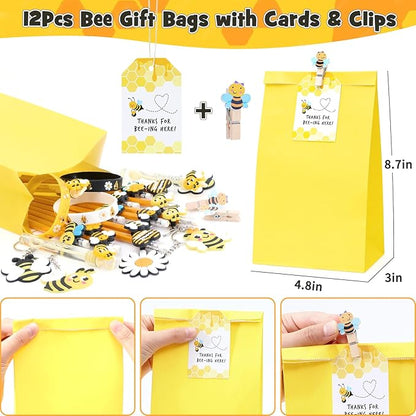 Winrayk 146Pcs Bee Party Favors Birthday Supplies Bee Gift Bag with Cards & Clips Pencil Mini Bubble Wand Honeycomb Silicone Bracelet Keychain Sticker Honey Bee Themed Party Favors Goodie Bag Stuffers