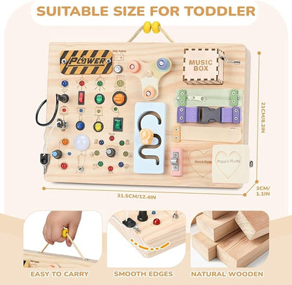 Sanlebi Wooden Busy Board Montessori Toys for Toddlers with Buttom Switch, Music Box & Locks, Sensory Activity Board Learning Toy Gifts