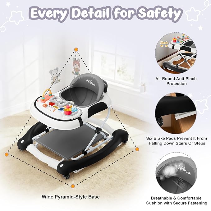 5-in-1 Foldable Baby Walker,Music and Lights Baby Walker with Wheels,Height Adjustable Infant Walker, with Activity Center, Rocker, Bouncer,Push Walker & Feeding Tray for Babies 6-18 Months (Black)