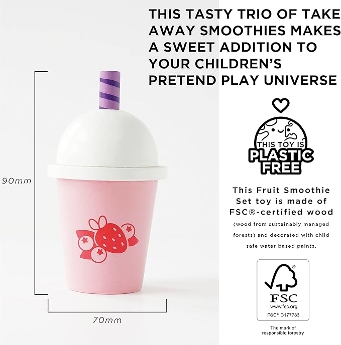 Le Toy Van - Childrens Wooden Honeybake Smoothie Cup & Juice - Set of 3 - Pretend Toy - Role Play Toy - Wooden Food for Kids - Kids Kitchen & Food Toys - Toys for 2 Year Olds +