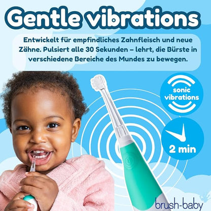 brush-baby BabySonic Infant and Toddler Electric Toothbrush for Ages 0-3 Years - Smart LED Timer and Gentle Vibration Provide a Fun Brushing Experience - Includes 2 Sensitive Brush Heads (Teal)