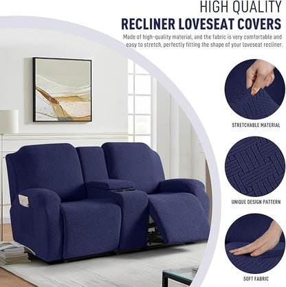 KinCam Loveseat Recliner Covers with Middle Console Slipcover, Recliner Sofa Covers 2 Seat Couch Cover Stripe Jacquard Furniture Protector Covers with Elastic Bottom for Kids, Pets (Dark Blue)